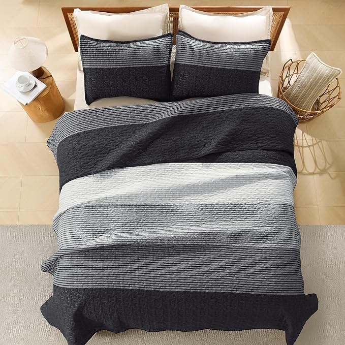 Litanika California King Quilt Set Black White Grey - Cal King Oversized Stripe Comforter Gray Bedspreads & Coverlets - Soft Lightweight Quilted Bedding Set for All Season(1 Quilt, 2 Pillowcases)