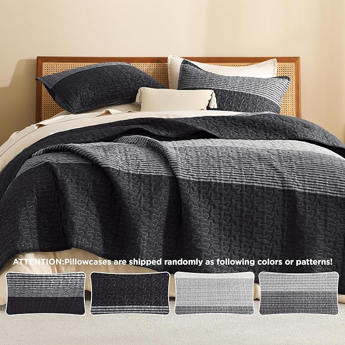 Litanika California King Quilt Set Black White Grey - Cal King Oversized Stripe Comforter Gray Bedspreads & Coverlets - Soft Lightweight Quilted Bedding Set for All Season(1 Quilt, 2 Pillowcases)
