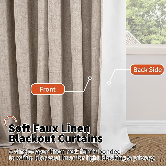 Lajode Short Linen Blackout Curtains 45 Inch Length 2 Panels, Thermal Insulated Total Light Blocking Window Curtains for Farmhouse Bedroom Basement, Bronze Grommet, Beige, Each 52" Wide