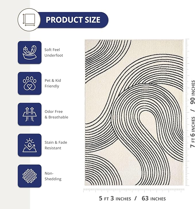 Abani Nuevo Beige Black Swirls Modern Area Rug 5' x 8' for Living Room, Bedroom - Abstract Design - Durable & Easy to Clean
