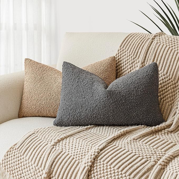 Foindtower Textured Boucle Throw Pillow Covers Accent Solid Lumbar Pillow Cases Cozy Soft Decorative Couch Cushion Case for Chair Sofa Bedroom Living Room Home Decor, 12 x 20 Inch,Dark Grey