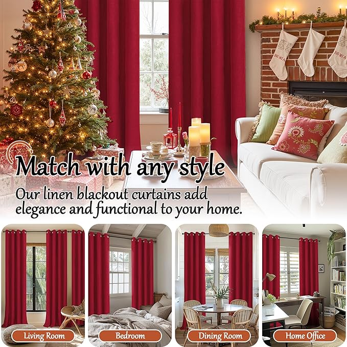 Lajode Red 100% Linen Blackout Curtains for Winter Christmas Decor 95 Inch Long 52 Wide, Extra Long Thermal Insulated Light Blocking Linen Curtains, Window Drape Each 52x95 Inch 2 Panels