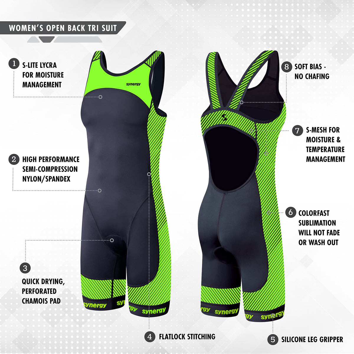 Synergy Women's Tri Suit - One Piece Triathlon Open Back Trisuit (Black/Citrus Lime, X-Small)