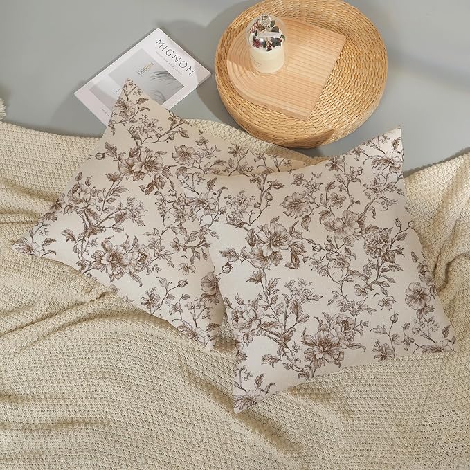 Brown Pillow Covers 20x20 Set of 2 Brown and Cream Floral Chinoiserie Throw Pillows Vintage Rustic Toile Flower Decorative Pillow Cases Outdoor Chinoiserie Decor Cushion Case for Couch Sofa