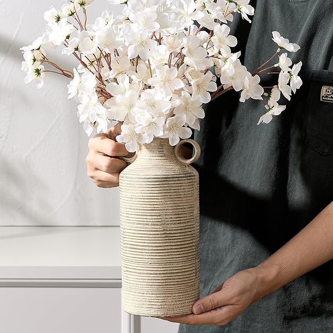Ceramic Rustic Vase with 2 Round Handles, Antique Farmhouse Flower Vase, Vintage Terracotta Vases for Home Decor, Wedding, Living Room, Table, Shelf Decor - 10.2 Inch Tall, Terra