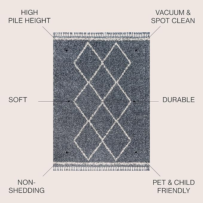 JONATHAN Y Mercer Shag Plush Tassel Denim Blue/Cream Indoor Area Rug, 3x5, Moroccan Geometric Trellis, Bohemian, Easy-Cleaning for Living Room, Bedroom, Kitchen, Non-Shedding (MCR103A-3)