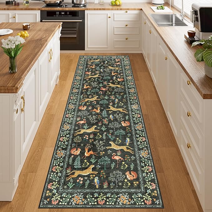 DUKINO 2x10 Rug for Hallway, Washable Kitchen Runner Rug with Non Slip Backing, Soft Low Pile Vintage Animal Runner for Bedroom, Kitchen, Hallway, Entryway, Laundry, Black