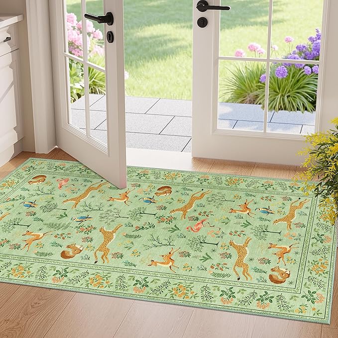 DUKINO 2x4 Rug for Hallway, Washable Kitchen Runner Rug with Non Slip Backing, Soft Low Pile Vintage Animal Runner for Bedroom, Kitchen, Hallway, Entryway, Laundry, Light Green