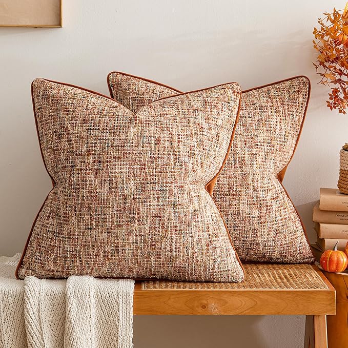 a moment Fall Rust Orange Reversible Pillow Covers 2 Pack - Farmhouse Chenille Throw Pillows, Neutral Textured Decorative Throw Pillow Covers with Border for Couch Sofa Bed (20x20 Inch, No Insert)