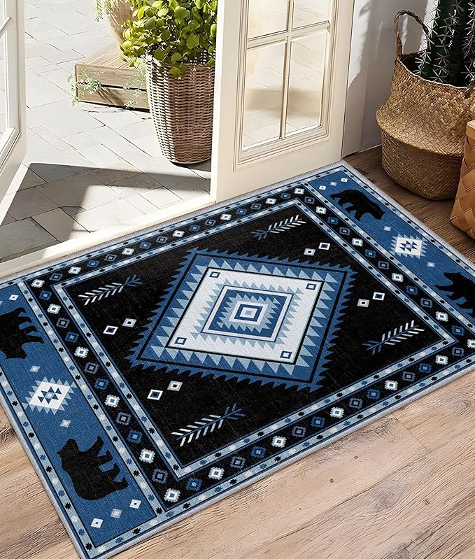 Aztec Rug 2x3 - Southwestern Bear Cabin Area Rugs for Entryway, Rustic Geometric Machine Washable | Non-Slip | Low Pile Small Carpets, Native American Home Decor (Blue White Black)