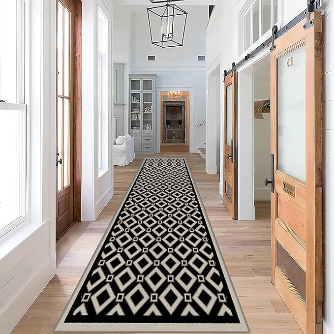 Moroccan Trellis Bedroom Area Carpets, 4x12ft, Modern Checkered Washable Hallway Runner Rugs, with Non Slip Backing Durable Cozy Low Pile Rug for Kitchen Bath Room Laundryroom