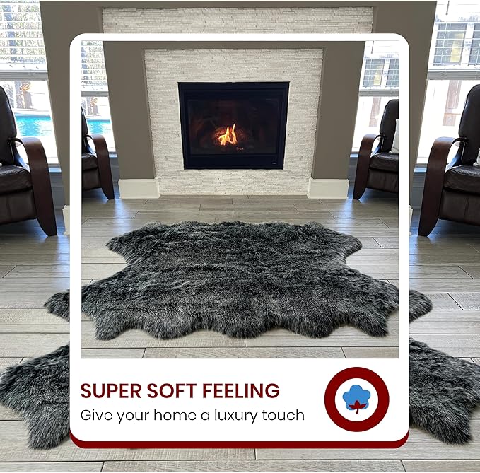 Free Shape Luxury Soft Fluffy Shag Area Rug Single Quarto 4 Pelts 4'x6',120x180 cm - Vegan Fur Ultra Soft Indoor Carpet Nursery Rugs for Bedroom Home Decor, Black with White Tips