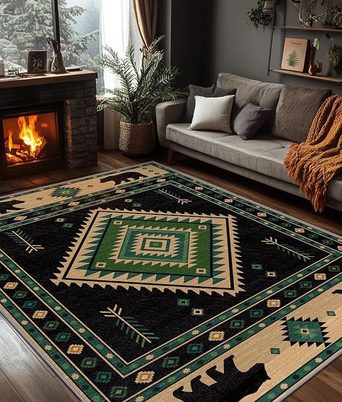 Southwestern Rug 7x10 - Native American Bear Cabin Area Rugs for Living Room Bedroom, Rustic Tribal Machine Washable | Non-Slip | Soft Large Carpets, Aztec Room Decor (Green Tan Black)
