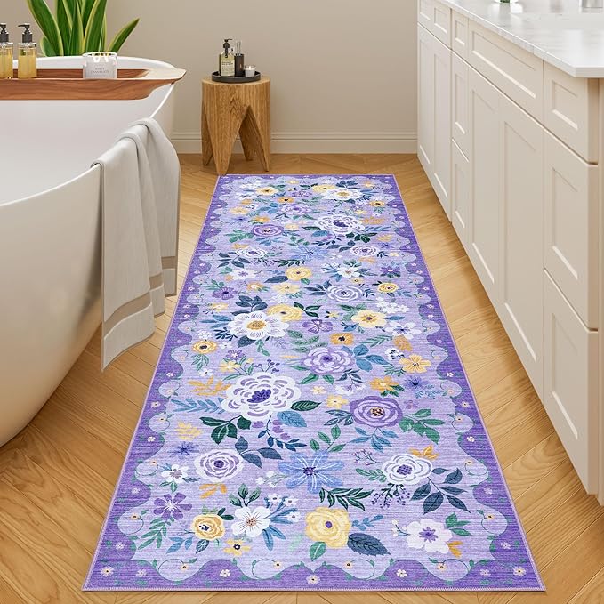 DUKINO 2x6 Runner Rug for Hallway, Washable Kitchen Rug with Non Slip Backing, Low Pile Soft Boho Floral Runner for Kitchen, Hallway, Entryway, Laundry, Bedroom, Purple