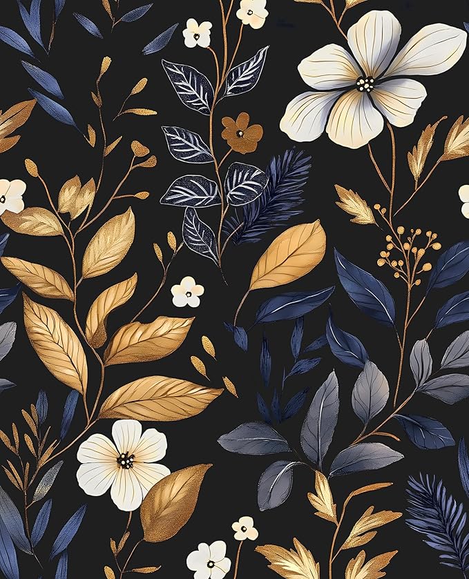 Blue/Gold Leaf Wallpaper Peel and Stick Vintage Dark Floral Wallpaper Waterproof Self Adhesive Removable Boho Wall Paper Modern for Bedroom Walls Drawer Cabinet 17.5in x118in
