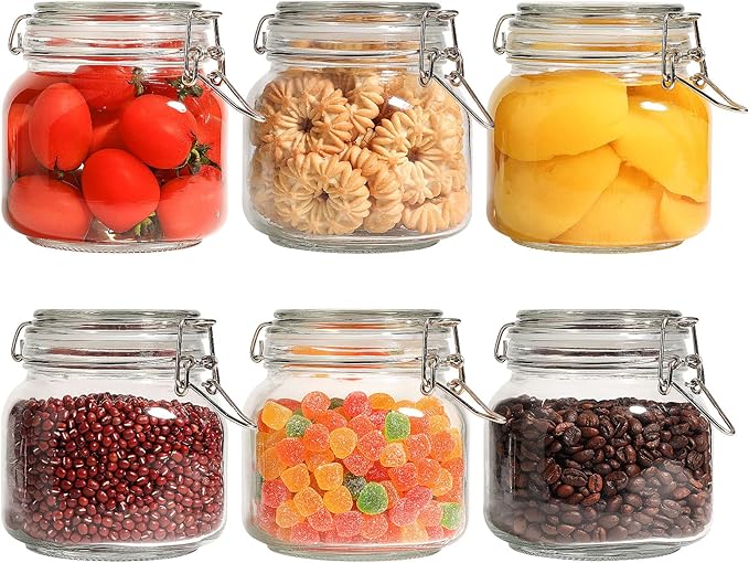 ComSaf 27oz Airtight Glass Canisters with Lids Set of 6, Square Food Storage Jar Container with Clamp Lids for Kitchen Canning Cereal Coffee Pasta Sugar Beans Spice, Clear Mason Jars with 12 Labels