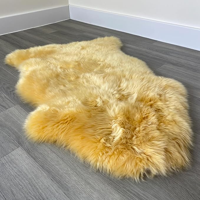HUAHOO Premium Genuine Sheepskin Rug Real Australia Sheepskin Natural Lambskin Fur Area Rug Seat Covers for Kids Bedroom Sofa Chair Cover Pets Dogs Mat Double Pelt/2' x 3' Banana Yellow