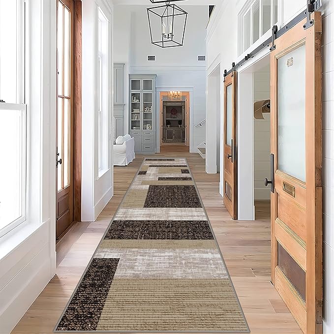 Modern Geometric Patchwork Long Hallway Rug Runners, 2.6x7ft, Neutral Brown Geometry Aesthetic Entrance Carpet, Absorbent Washable Foldable No Crease High Traffic Mat for Laundryroom