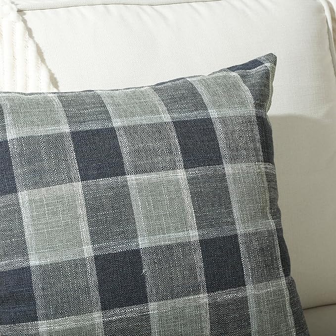 Stellhome Pack of 2 Linen Buffalo Check Throw Pillow Covers, Farmhouse Plaid Decorative Cushion Covers for Couch Sofa Living Room, 18x18 Inch, Dark Grey