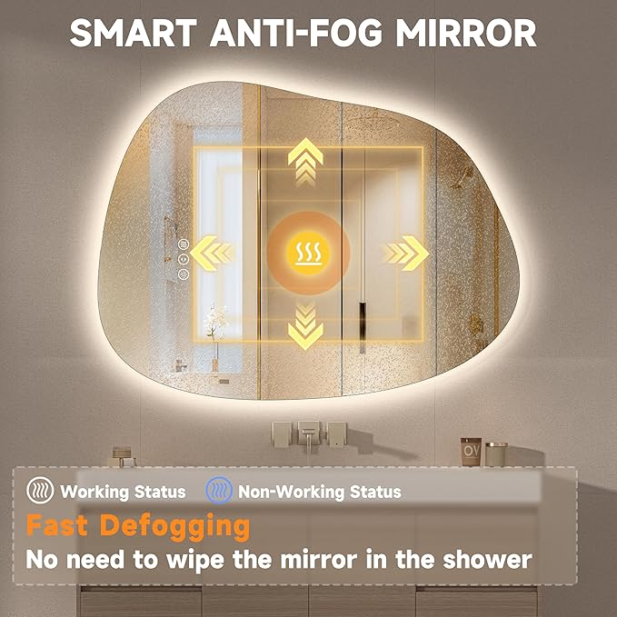 Hasipu Irregular Wall Mirror with Lights- 27"x20"Smart Vanity Mirror with Anti-Fog, 3 Color Modes,Dimmable Light, Memory Function, Backlit Wall Mount, Horizontal/Vertical