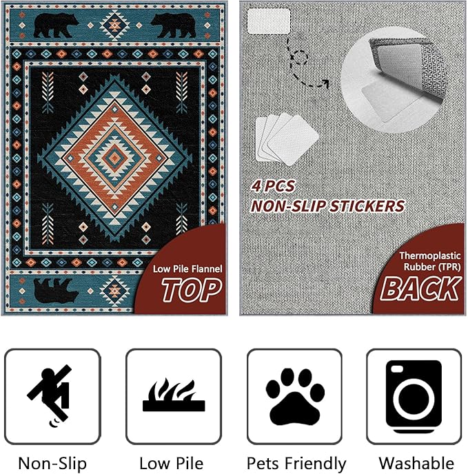 Native Amrican Rug 3x5 - Southwestern Bear Cabin Area Rugs for Bedroom Living Room, Rustic Tribal Machine Washable | Non-Slip | Low Pile Carpets, Southwest Home Decor (Teal Orange Black)