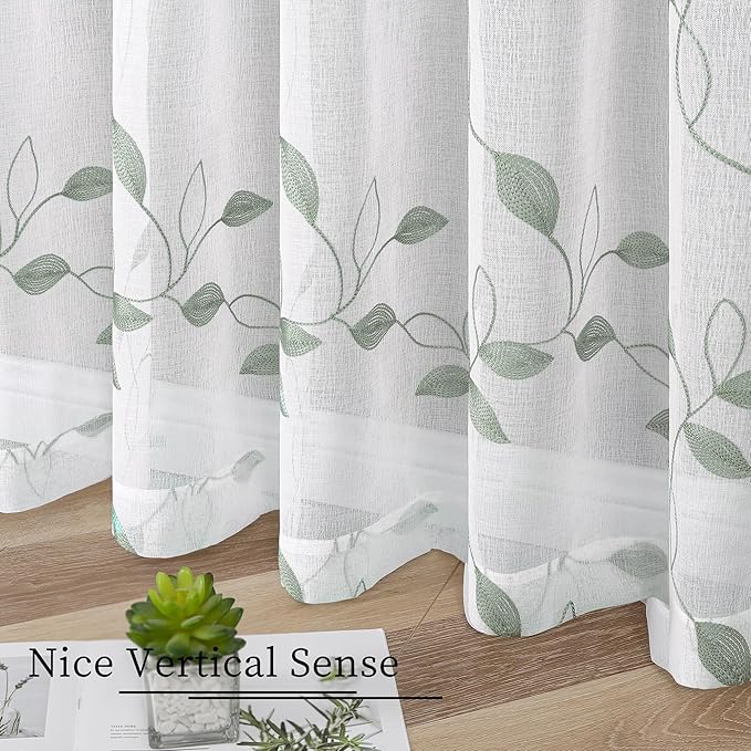 Tollpiz Sage Green Leaf Sheer Curtains Leaves Embroidered Living Room Curtain Rod Pocket Voile Window Treatments for Bedroom, 54 x 63 inches Long, Set of 2 Panels