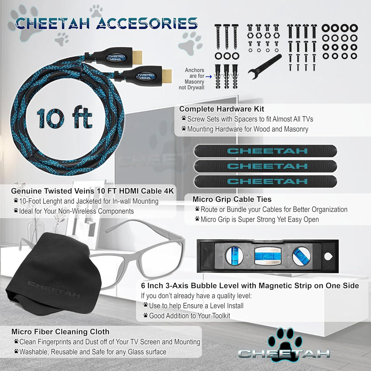 Cheetah 12-49 Inch 40lbs 100x100mm, 10ft 15" TV Monitor Wall Mount for TVs up to VESA with HDMI Cable, TouchAdjust