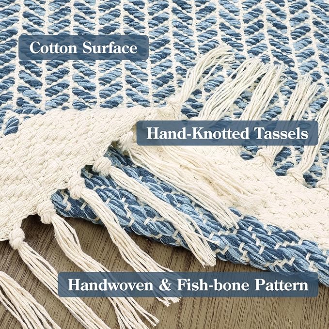 Lahome Boho Laundry Room Rug Runner, 2x4.3 Bathroom Runner Rug Lightweight Kitchen Rugs Woven Cotton Throw Mat with Tassels, Farmhouse Washable Blue Rugs Low Pile for Bedroom Door Mat