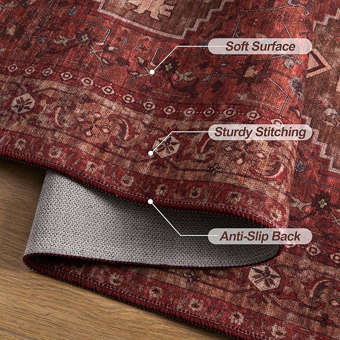 Tangsoo 2.6x8 Washable Runner Rug for Hallways, Non Slip Vintage Runner Rug, Soft Low Pile Long Rug Runner, Print Carpet Runners for Kitchen Bedroom Entryway Bathroom Living Room Dark Red