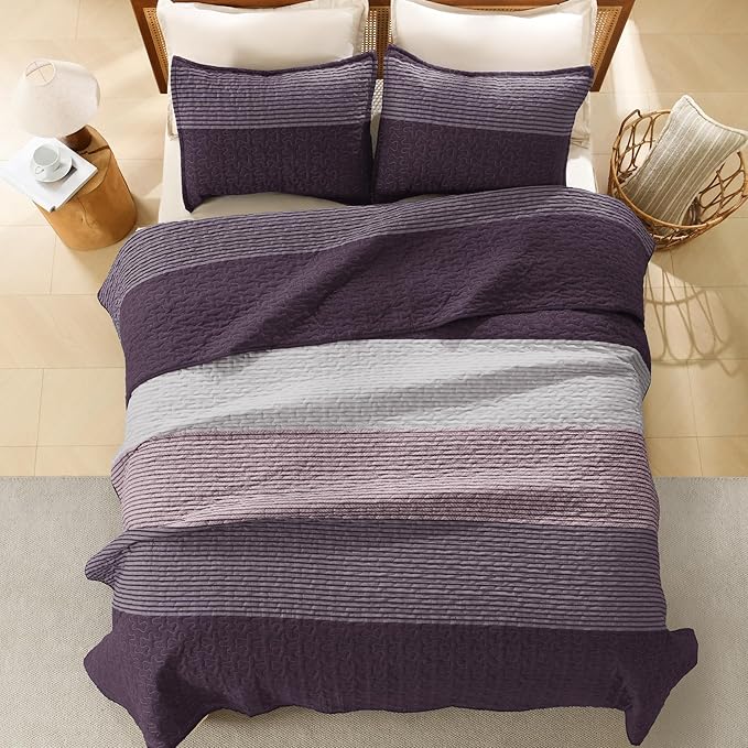 Litanika Quilt Queen Size Purple and Grey, Stripe Patchwork Summer Bedspread Coverlet 3 Pieces, Soft Lightweight Microfiber Quilted Bedding Set for All Season(1 Quilt, 2 Pillowcases)