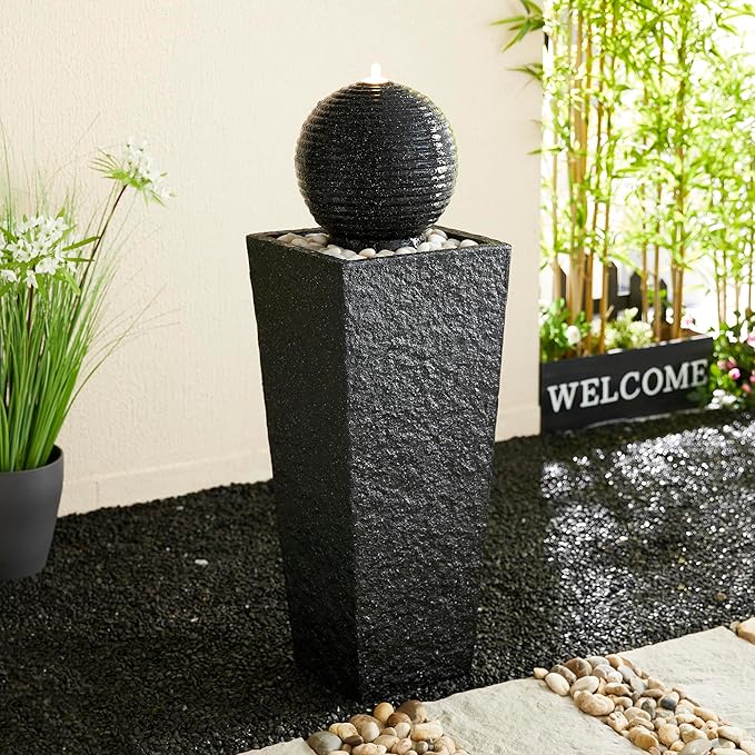 Glitzhome Outdoor Water Fountain with LED Light, Oversized Decorative Black Pedestal Water Fountains with Submersible Pump, Modern Sphere Floor Fountain with Pebbles for Garden Patio Decor, 40.75”H