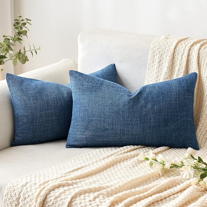 MIULEE Pack of 2 Decorative Linen Burlap Coastal Pillow Covers Farmhouse Accent Pillowcases for Sofa Car Couch Bedroom Living Room Decor 12x20 Inch Blue