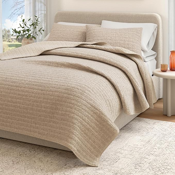 Great Bay Home King Size Taupe 100% Cotton Honeycomb Waffle Quilt and Sham Set - Garment Washed, Waffle Weave Like Texture, Lightweight 3-Piece Bedding Set (Cappuccino)