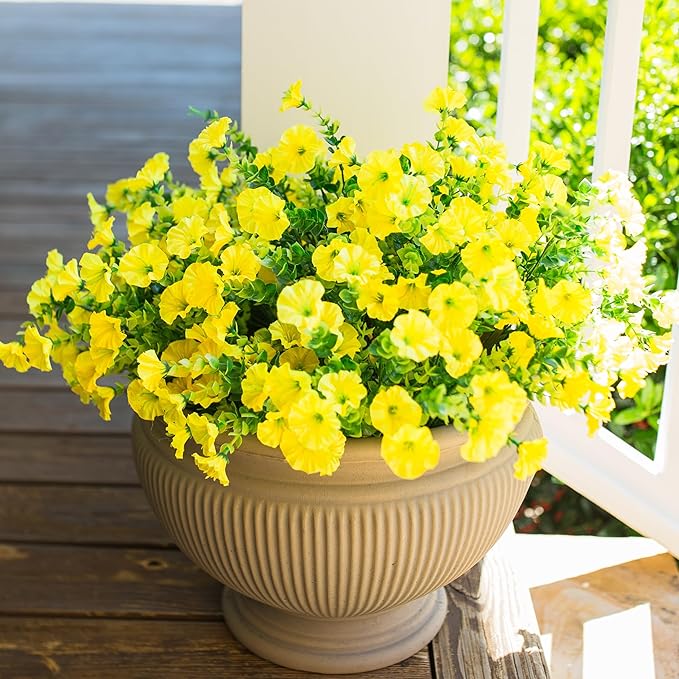 Artificial Flowers for Outdoors Fake Flowers Plants for Spring Summer Decor, 12 Bundles Silk Morning Glory with Eucalyptus Look Real UV Resistant Yellow Faux Flowers for Outside Planters Yard Patio