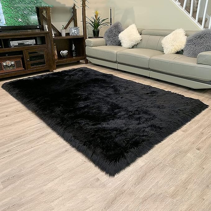 LAMBZY High Pile Super Fluffy Soft Faux Sheepskin Rug | Faux Sheepskin Rugs for Living Room Playroom Bedroom | Classic Super Soft to Touch Rug (10'x13', Black)