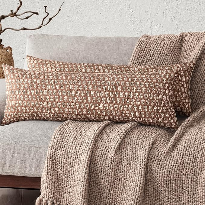 Foindtower Set of 2 Decorative Long Body Lumbar Throw Pillow Covers Neutral Farmhouse Cushion Covers Vintage Home Decor for Sofa Couch Chair Bedroom Living Room,14×36 Inch,Light Orange Brown