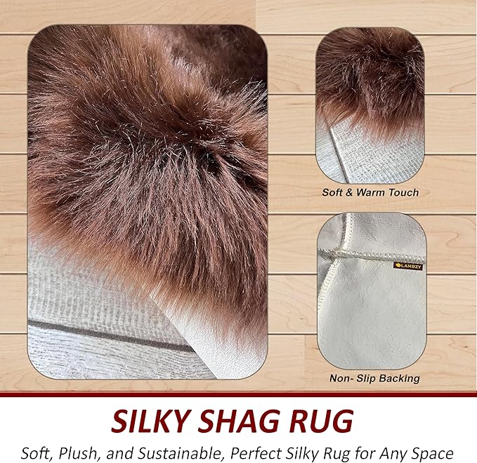 LAMBZY Faux Sheepskin Super Soft Hypoallergenic Silky Shag Rug for Living Room, Kids Room, Sofa (Double Side by Side 3'x4, Brown)