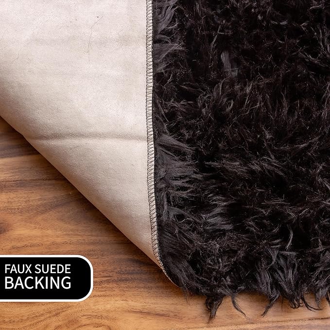 Super Area Rugs Ultra Soft & Fluffy Faux Sheepskin Rug, Black 2 x 6 Feet Sheepskin Carpet for Bedroom Living Room