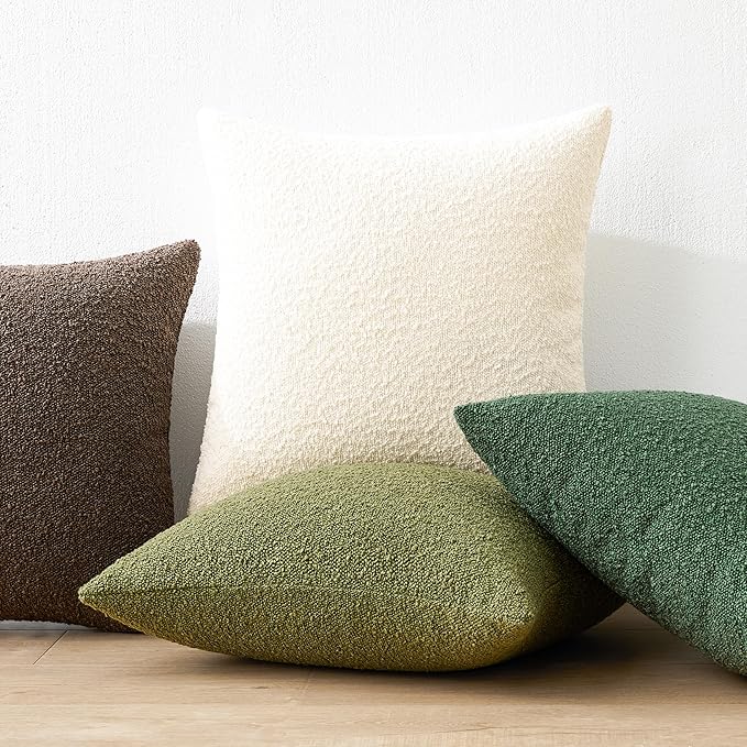 Mixhug Decorative Boucle Throw Pillow Covers, Olive Green, 20 x 20 Inches, Pack of 2 - Textured Boho Pillow Covers for Couch and Bed