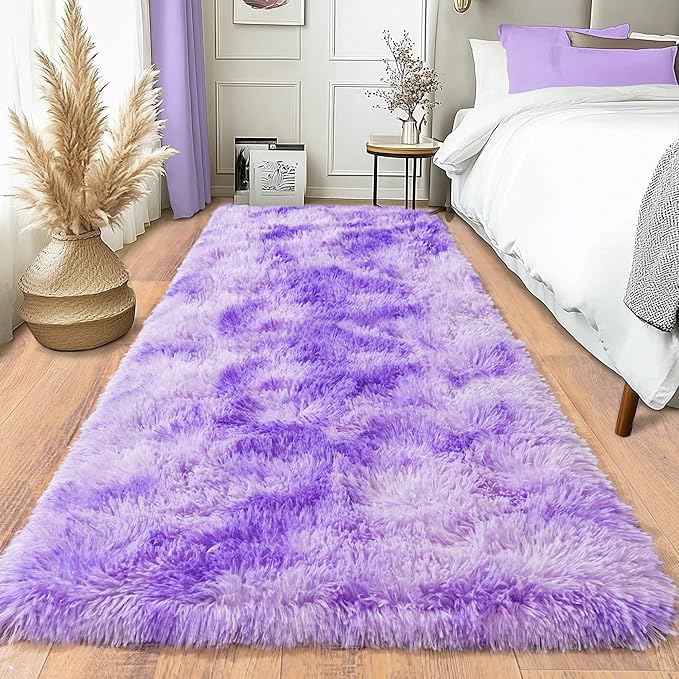 Fluffy Runner Rugs for Bedroom Hallways, 2x6 Runners for Hallways Fluffy Throw Area Rug Non Slip for Bedside Dorm, Shag Rugs for Girls Boys Bedroom, Floor Carpet Runner for Kids Dorm, Tie-Dyed Purple