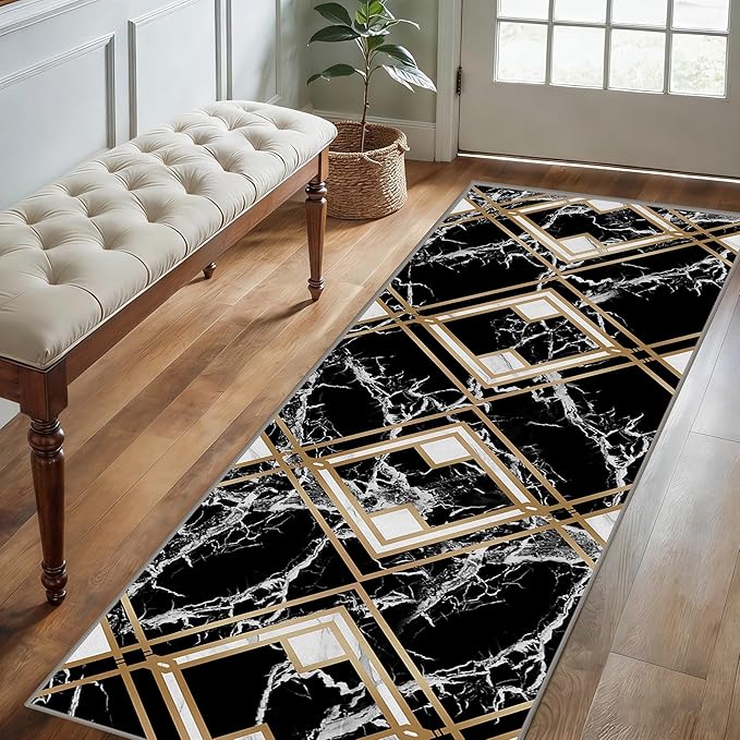 Diamond Geometric Print Area Rug for Bedroom, 2x10ft, Modern Black White Marble Home Decor Carpet, Durable Soft Cozy Non Slip Rug, Breathable Non Shedding Mats for Front Porch
