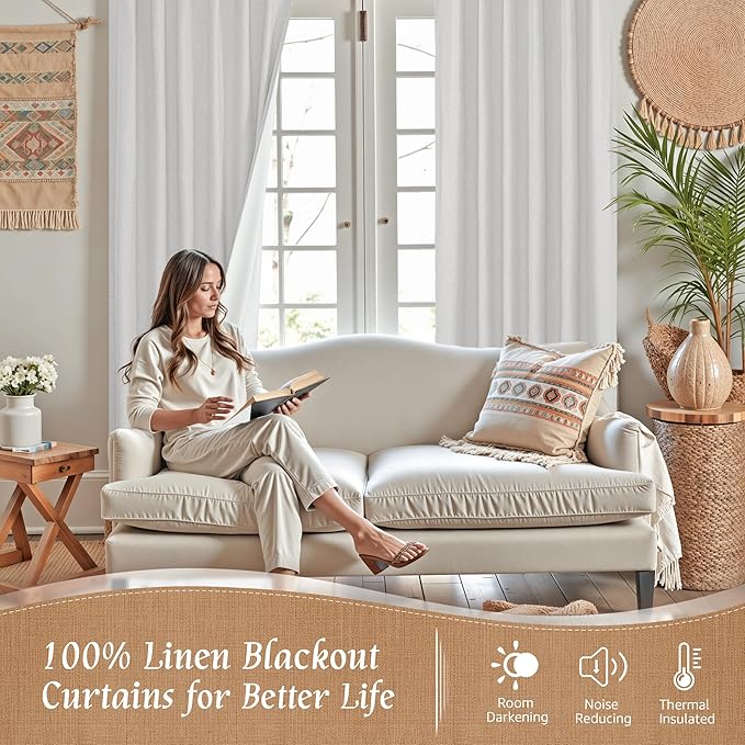 LAMIT Light Grey 100% Blackout Linen Curtains, 63 Inches Linen Textured Thermal Bedroom Curtains Back Tab and Rod Pocket Burlap Panels with White Liner for Farmhouse, 2 Panels, 52 x 63 Inch