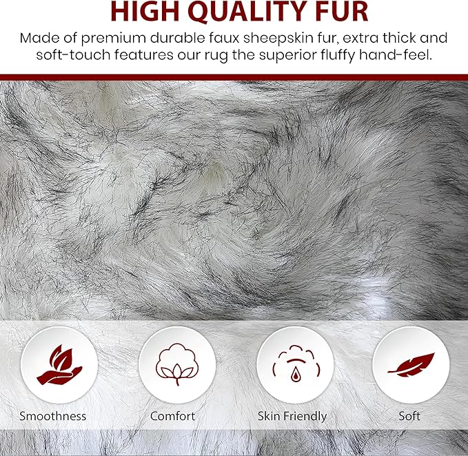 LAMBZY Faux Sheepskin Super Soft Hypoallergenic Silky Shag Rug for Living Room, Kids Room, Sofa (Sexto 6 Pelts 6'x6', White/Black Tips)