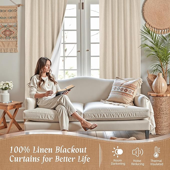 LAMIT 100% Blackout Natural Linen Curtains, 63 Inches Linen Textured Thermal Bedroom Curtains Back Tab and Rod Pocket Neutral Panels with White Liner for Farmhouse, 2 Panels, 52 x 63 Inch