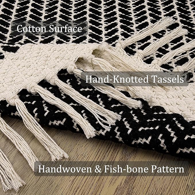 Lahome Boho Rugs for Entryway, 2x5 Laundry Room Rug Lightweigh Cotton Washable Runner Rug with Tassels, Farmhouse Black Bath Door Mats Indoor Non Shedding Runners for Hallways Bedroom