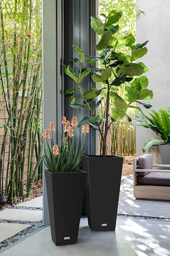 Veradek V-Resin Indoor/Outdoor Taper Planter (Black, 30 inch - 2 Pack with 2 Saucer Trays)
