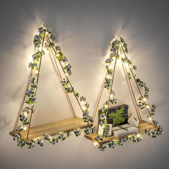 Artificial White Flower Garland with LED-Strip Wall Hanging Shelves Set of 2, Boho Shelves for Wall Décor, Macrame Wall Shelf for Bedroom Bathroom Living Room Kitchen (No Battery Included)