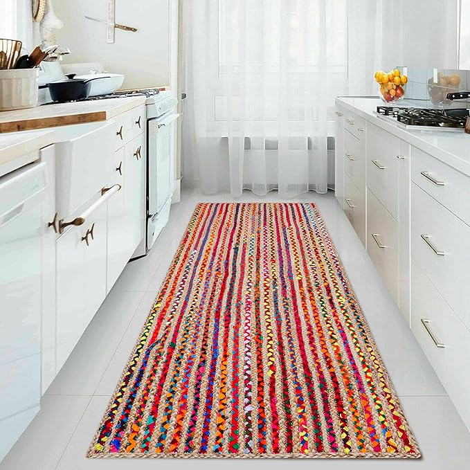 Hausattire Bohemian Braided Runner Rug 2'x6' - Multi Color, Long Farmhouse Jute Cotton Area Rag Rugs for Hallway, Kids Bedroom, Kitchen | Colorful Hand Woven Reversible Floor Carpet - 24x72 Inch
