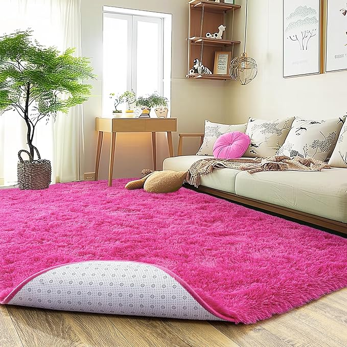 Ultra Fluffy Rug for Living Room Bedroom, 5x7 Fuzzy Large Area Rug for Living Room, Plush Soft Shag Carpet for Girl Boy Kids, Non Slip Rug Modern Indoor Home Decor Aesthetic, Hot Pink