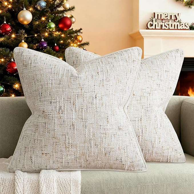 a moment Christmas Beige Reversible Pillow Covers 2 Pack - Farmhouse Chenille Throw Pillows, Neutral Textured Decorative Throw Pillow Covers with Border for Couch Sofa Bed (20x20 Inch, No Insert)